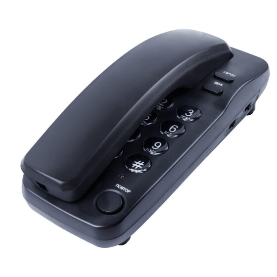 Compact trimline telephone CT-136 angled front view with ergonomic black casing.