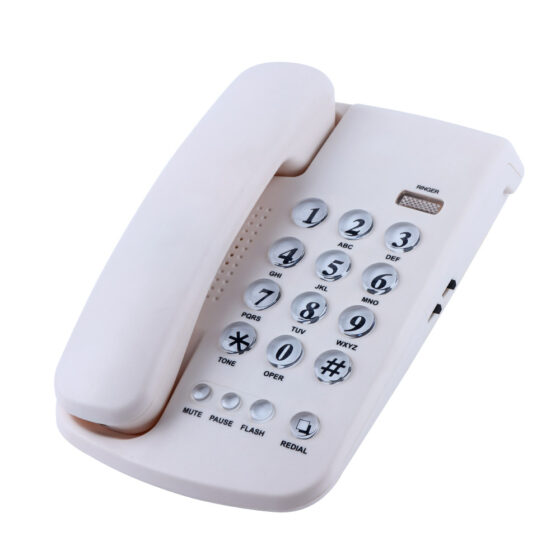 Basic Home Telephone CT-230, front view of corded landline phone with ergonomic handset and clearly marked number pad Basic Home Telephone CT-230, front view of corded landline phone with ergonomic handset and clearly marked number pad