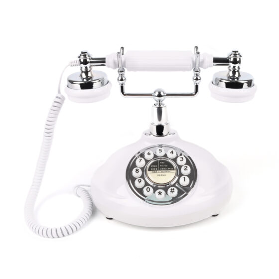 Retro Round Button Landline Telephone CT-8301, vintage white push-button Telephone with chrome accents for home, office, and collectors.