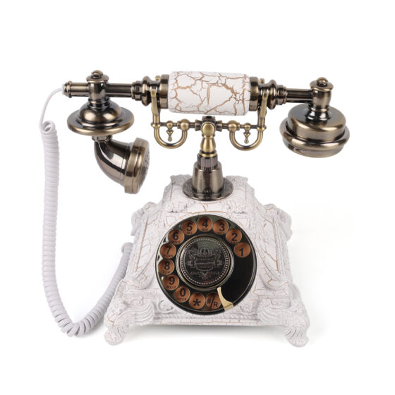 Angled view of Decorative Retro Telephone CT-8305, featuring a vintage rotary dial and classic white and brass finish.