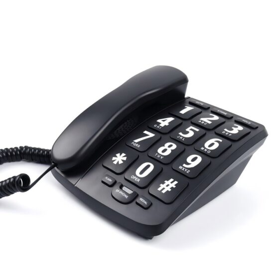Black corded Telephone with big white buttons, designed for hearing aid compatibility.