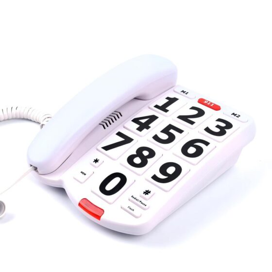 Black large button Telephone with bold white numbers, handset on base