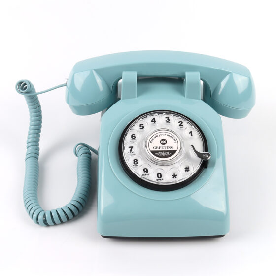 Vintage American Rotary Audio Telephone CT-8019, blue retro-style Telephone with a chrome dial and classic aesthetic.