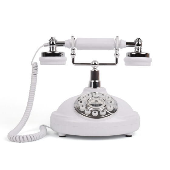 White Push Button Audio Telephone CT-8301, vintage-style telephone with chrome accents and push-button keypad, ideal for hotels and home decor.