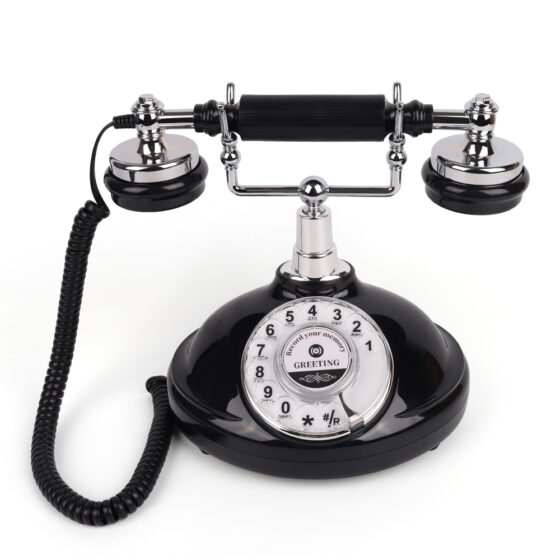 Rotary Dial Audio Telephone CT-8301, black vintage Telephone with chrome details and a rotary dial, perfect for classic interiors.
