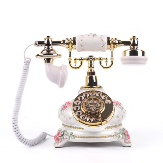 Elegant white and gold Hotel Rotary Audio Telephone CT-8306 with vintage rotary dial and intricate detailing, perfect for upscale hotels and classic interiors.