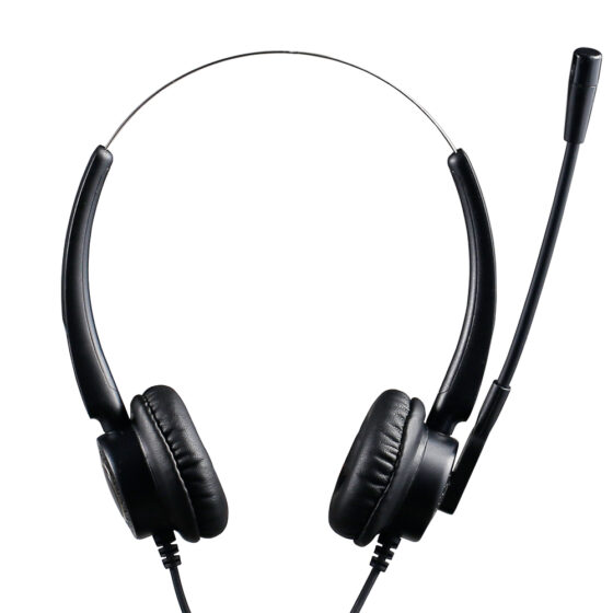 VH580D headphones, front view showcasing extendable microphone and cushioned ear pads.